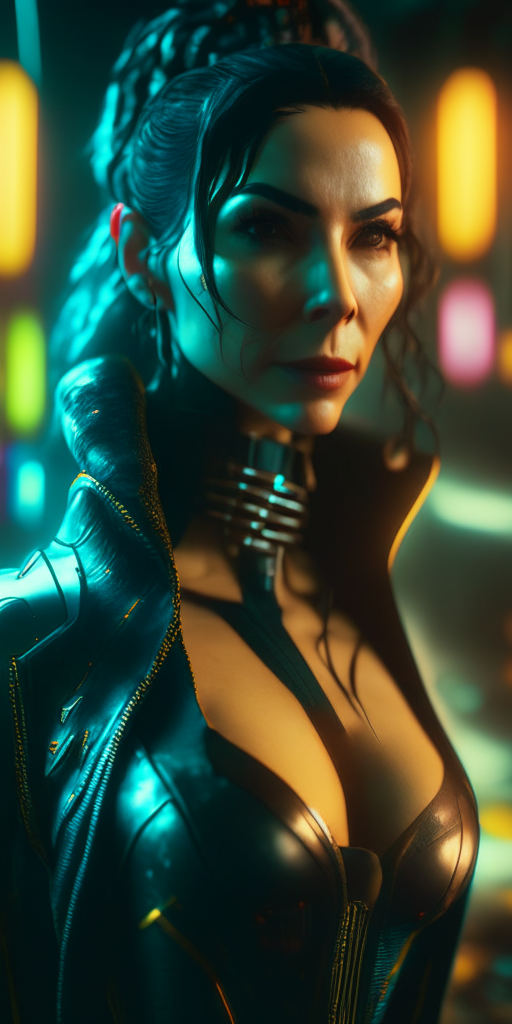 Cyberpunk 2069 Martha Higareda as a Final Boss NPC, professional photography + f 5.6 + 85mm + extremely detailed + ultra-realistic + cinematic lighting by cosmicwonder + 4k + uhd + 3d + octane render, award winning, RTX, OLED, UHD, C4D, CAD, high fidelity, masterpiece artwork, emotional, nostalgic, inspiring