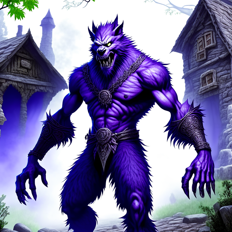 a concept art of werewolf in ancient village, angry, highly detailed, full body, Fantasy, HD, Cinematic