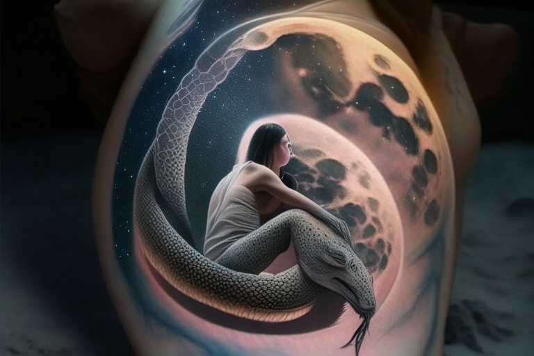 a woman with a tattoo of a snake sitting on the moon gazing at the milkyway, volumetric light, ray tracing, 