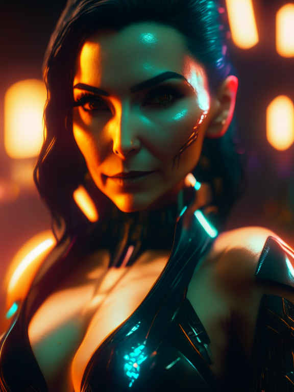 Cyberpunk 2099 Martha Higareda as a Final Boss NPC, professional photography + f 5.6 + 85mm + extremely detailed + ultra-realistic + cinematic lighting by cosmicwonder + 4k + uhd + 3d + octane render, award winning, RTX, OLED, UHD, C4D, CAD, high fidelity, masterpiece artwork, emotional, nostalgic, inspiring