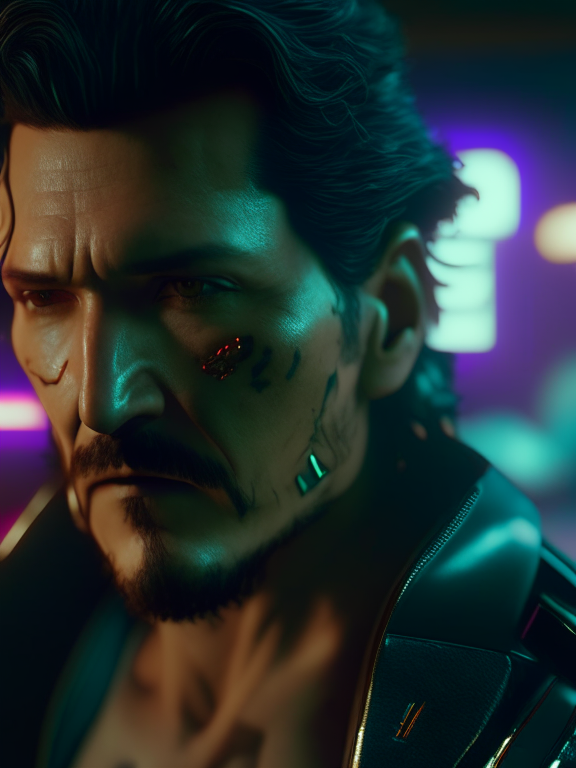 Cyberpunk 2099 Pedro Pascal playing Gang Boss enemy NPC, professional photography + f 5.6 + 85mm + extremely detailed + ultra-realistic + cinematic lighting by cosmicwonder + 4k + uhd + 3d + octane render, award winning, RTX, OLED, UHD, C4D, CAD, high fidelity, masterpiece artwork, emotional, nostalgic, inspiring