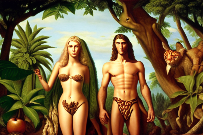 Adam and Eve in paradise in animal-skin clothes