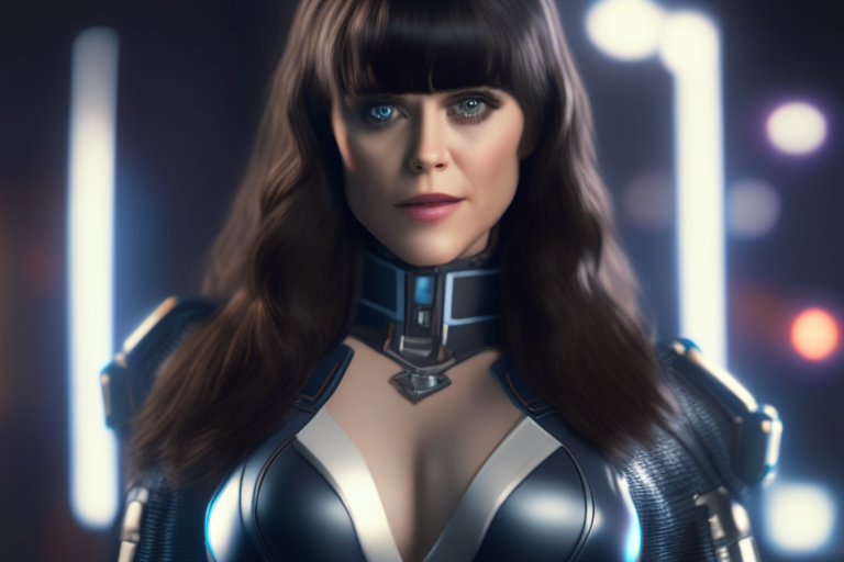 Zoey Deschanel as a hot Endgame Cyber Enhanced female Boss NPC, full body shot, professional photography + f 5.6 + 85mm + extremely detailed + ultra-realistic + cinematic lighting by cosmicwonder + 4k + uhd , award winning, RTX, OLED, UHD, C4D, high fidelity, masterpiece artwork, inspiring photography