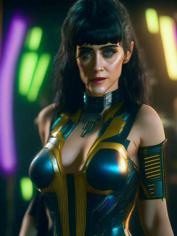 Cyberpunk 2069 Zoey Deschanel as a fit Endgame Cyber Enhanced female Boss NPC, full body shot, professional photography + f 5.6 + 85mm + extremely detailed + ultra-realistic + cinematic lighting by cosmicwonder + 4k + uhd , award winning, RTX, OLED, UHD, C4D, high fidelity, masterpiece artwork, inspiring photography