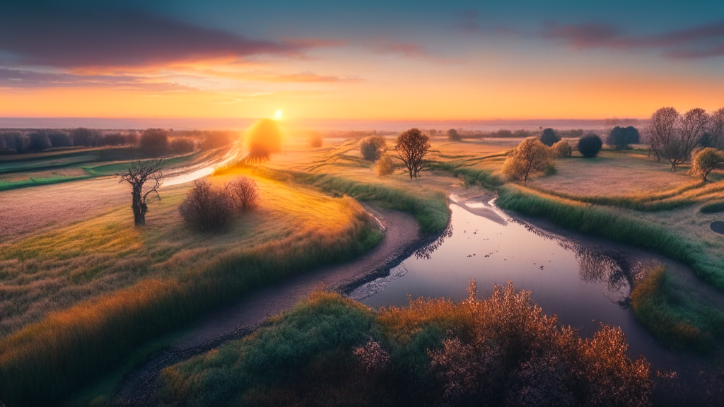 Beautiful sunrise at the Test Valley nature reserve in England, magical realism, beautiful inspiring artwork, intricate composition, natural color pallete, breathtaking landscape, drone view nature photography, hyper detailed, UHD, OLED, RTX, VRAY, CINEMA4D, trending on Instagram, hdr