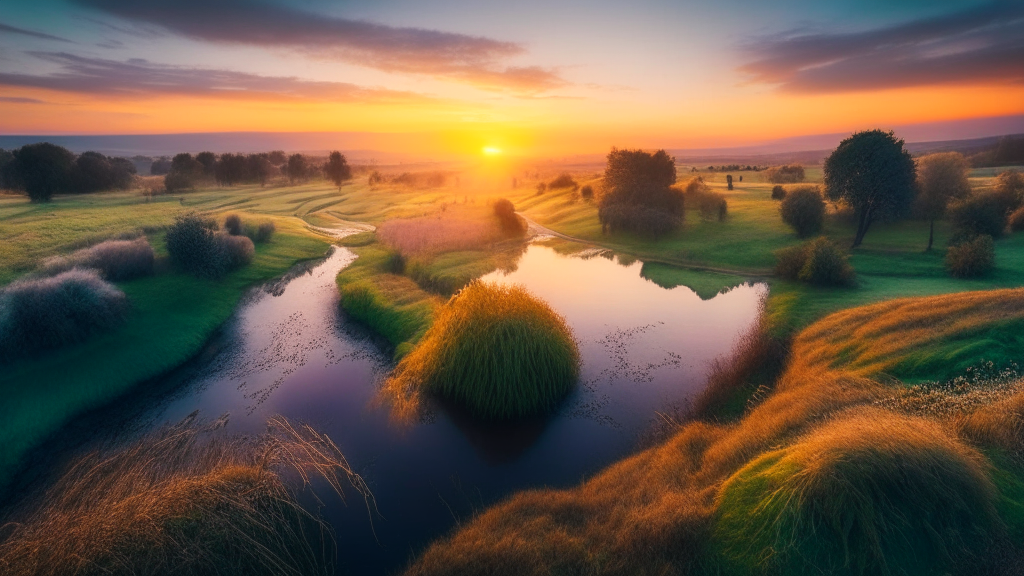 Beautiful sunrise at the Test Valley nature reserve in England, magical realism, beautiful inspiring artwork, intricate composition, natural color pallete, breathtaking landscape, drone view nature photography, hyper detailed, UHD, OLED, RTX, VRAY, CINEMA4D, trending on Instagram, hdr