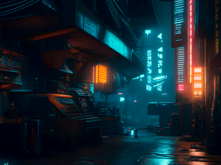 Architectural section Altered Carbon style, postcyberpunk, Laneway streetscape, cyber stores, street vendors, street drug dealers, temple, food stands,  crowded street, street neon adverts, cars and pollution, Jan Matejko, Craig Mullins, Dan Witz, hypermaximalist, hyper detail, 8k, octane render, cinematic, professional street photography, OLED, VRAY, FXAA, UHD, C4D, CAD, high fidelity, masterpiece artwork