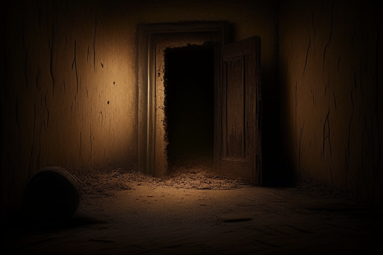 a dimly lit room with dirt covered walls and floors a wooden door with a keyhole to the north a box in the southwest corner emitting a horrible smell