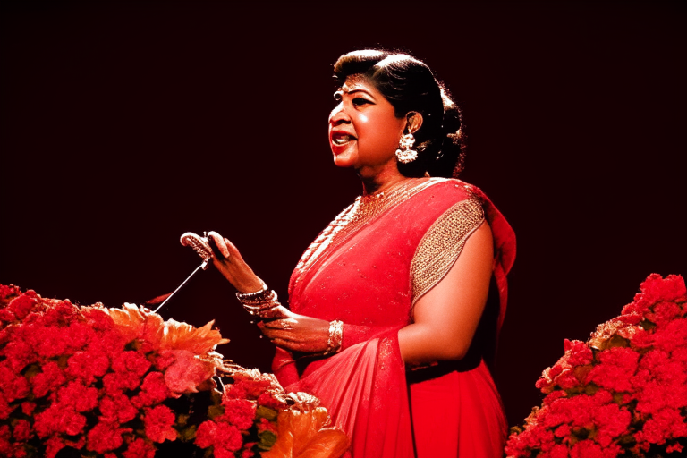 Lata Mangeshkar singing on stage, with a microphone, in a red saree, surrounded by flowers