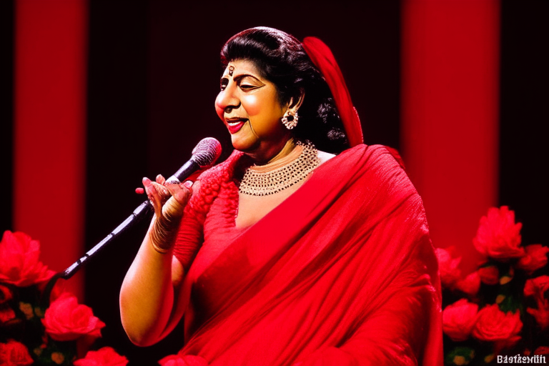 Lata Mangeshkar singing on stage, with a microphone, in a red saree, surrounded by flowers