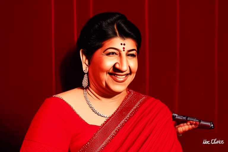 Lata Mangeshkar smiling, wearing a red saree, with a microphone in her hand