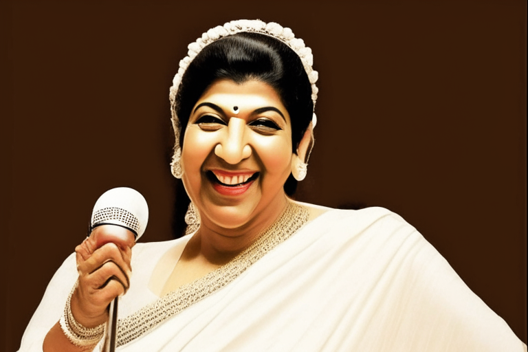 Lata Mangeshkar smiling, wearing a white saree, with a microphone in her hand