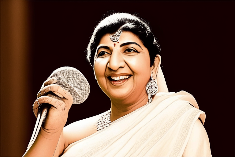 Lata Mangeshkar with a natural smile, wearing a white saree, with a microphone in her hand