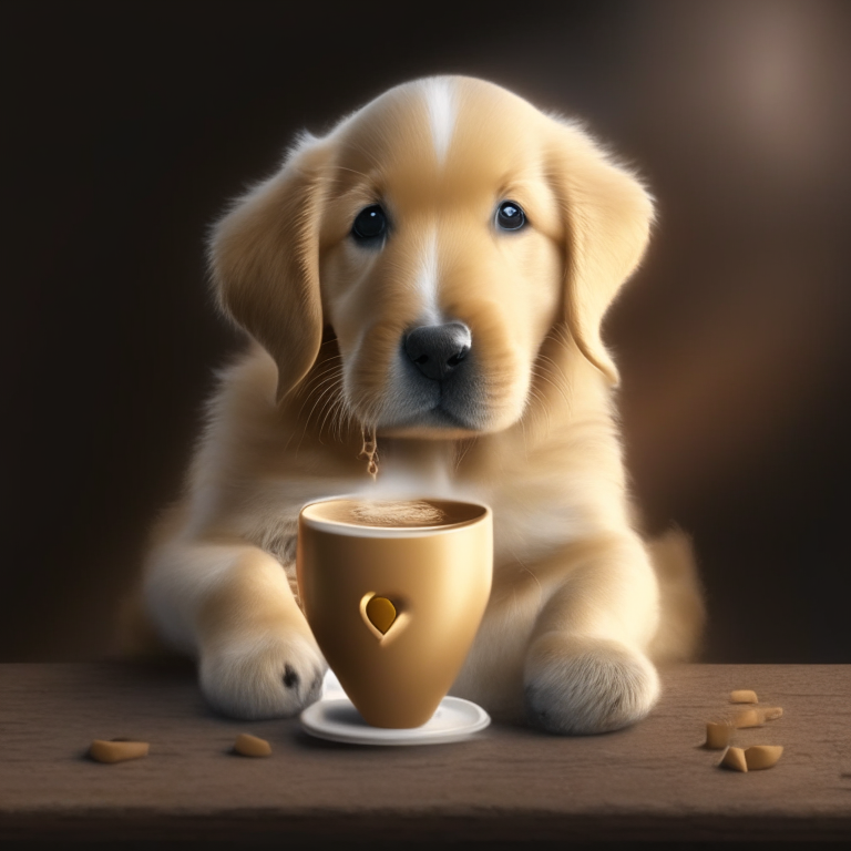 a Golden Retriever puppy drinking a latte with heart-shaped art, 4k