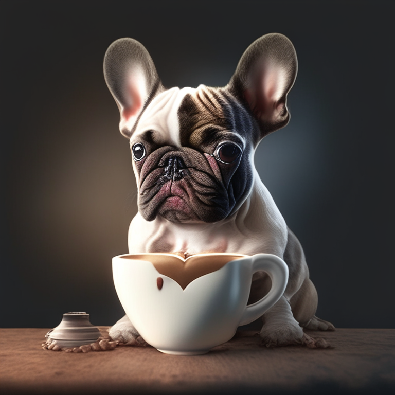 a French Bulldog puppy drinking a latte with heart-shaped art, 4k