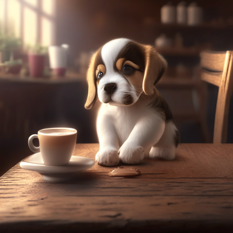a puppy drinking a latte with heart-shaped art, sitting on a wooden table, 4k
