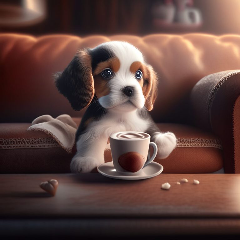 a puppy drinking a latte with heart-shaped art, sitting on a cozy couch, 4k