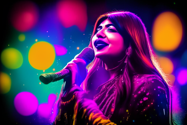 Alka Yagnik singing on stage, microphone in hand, colorful lights in the background