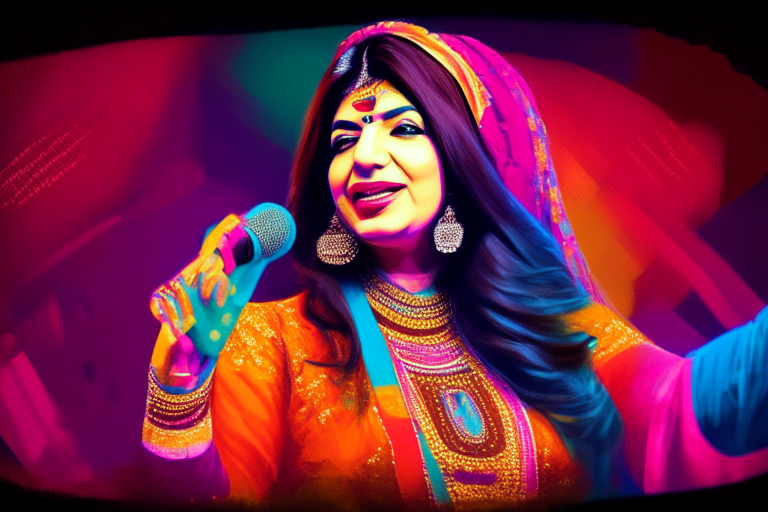 Alka Yagnik singing in an Indian style, traditional clothing, bright colors, stage performance