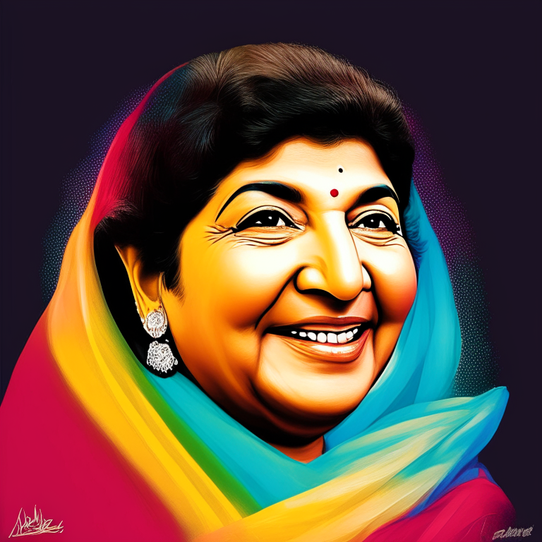 Lata Mangeshkar, Indian singer, headshot portrait, smiling, bright colors