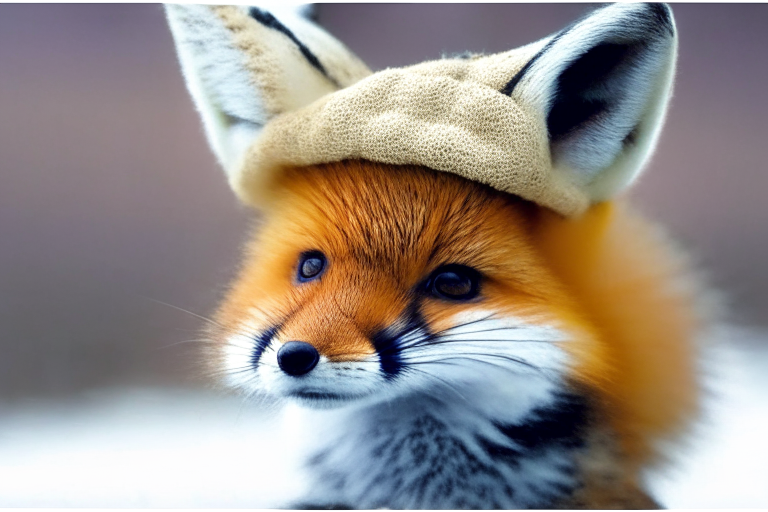 cute fox in a rabbit hat - photo portrait