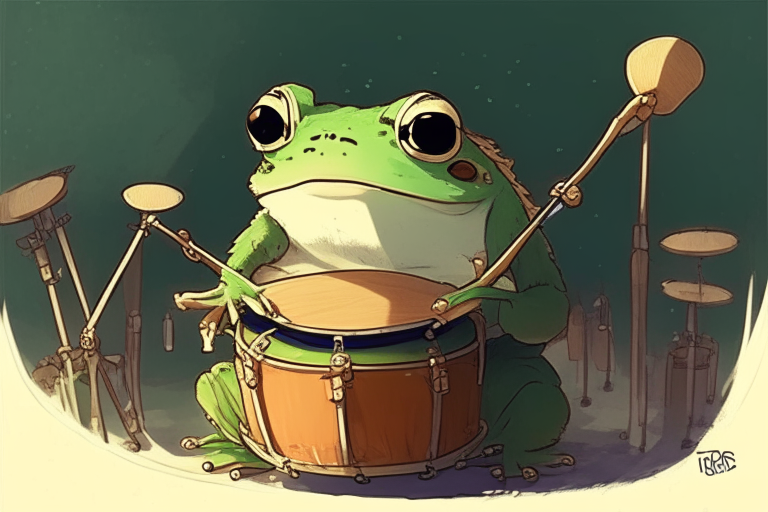 ghibli style anime portrait: cute frog drummer