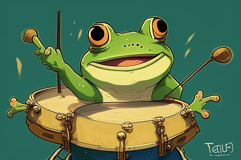 ghibli style anime portrait: cute frog drummer winking