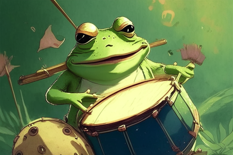 well balanced picture, ghibli style anime portrait: cute frog drummer winking