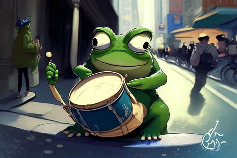 well balanced picture, ghibli style anime portrait: cute frog drummer in the NYC streets winking