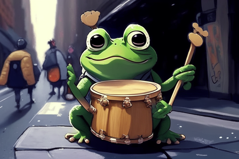 well balanced picture, ghibli style anime portrait: cute frog drummer in the NYC streets winking
