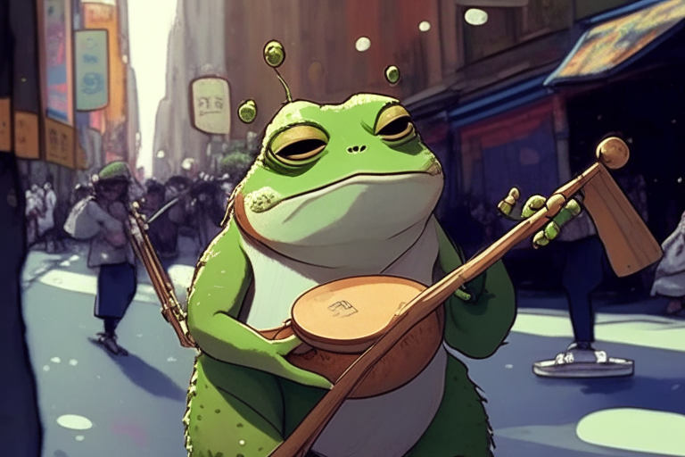 well balanced picture, ghibli style anime portrait: year 2080, cute frog drummer in the NYC streets winking