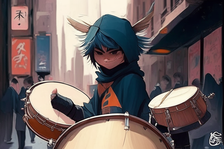 well balanced picture, ghibli style anime portrait: year 2080, cute ninja drummer in the NYC streets winking