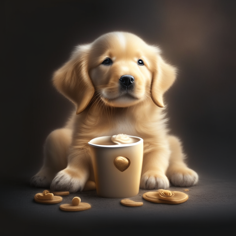 a Golden Retriever puppy drinking a latte with heart-shaped art, 4k