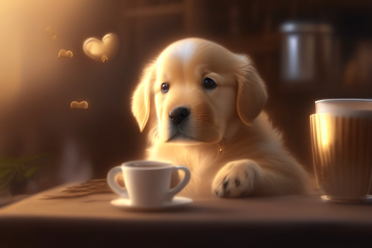 a golden retriever puppy drinking a latte with heart-shaped art, cozy atmosphere, 4k