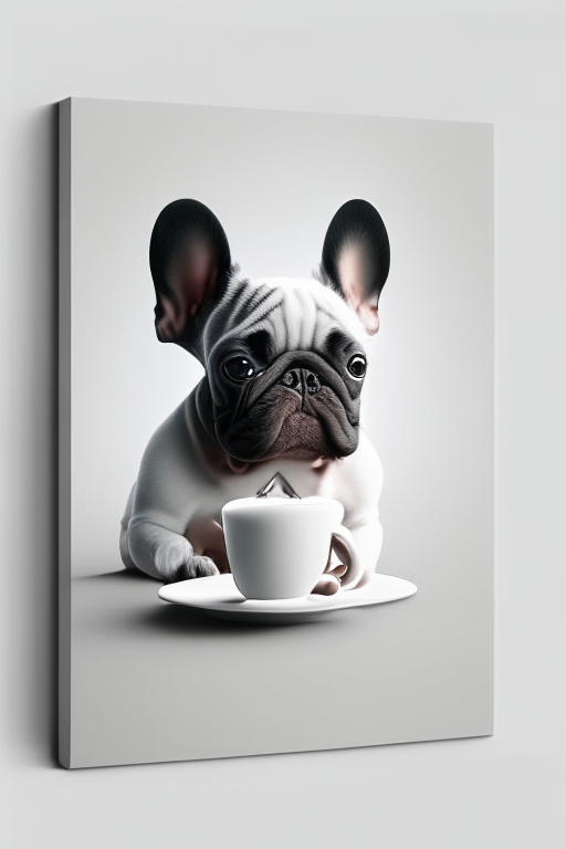 a French bulldog puppy drinking a latte with heart-shaped art, minimalist style, 4k