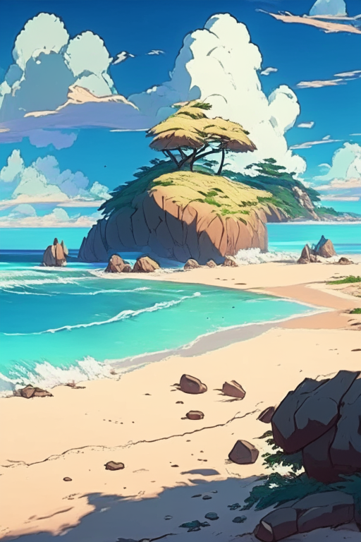 ghibli style anime picture of asian beach without people: rocks, white sand, jungle, ocean high waves, clouds and sun