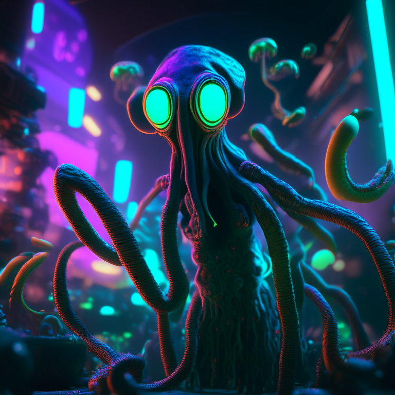 “Create a Squidward Tentacles cartoon with a camera in an epic multiverse 8k neon dark room psychedelic futuristic cyberpunk city warrior camera butterflies oil glow style 1600s year 4000 exquisite detail huge lighting masterpiece 3d masterpiece 8k octane rendering, ray tracing, mixer, hyper detail”