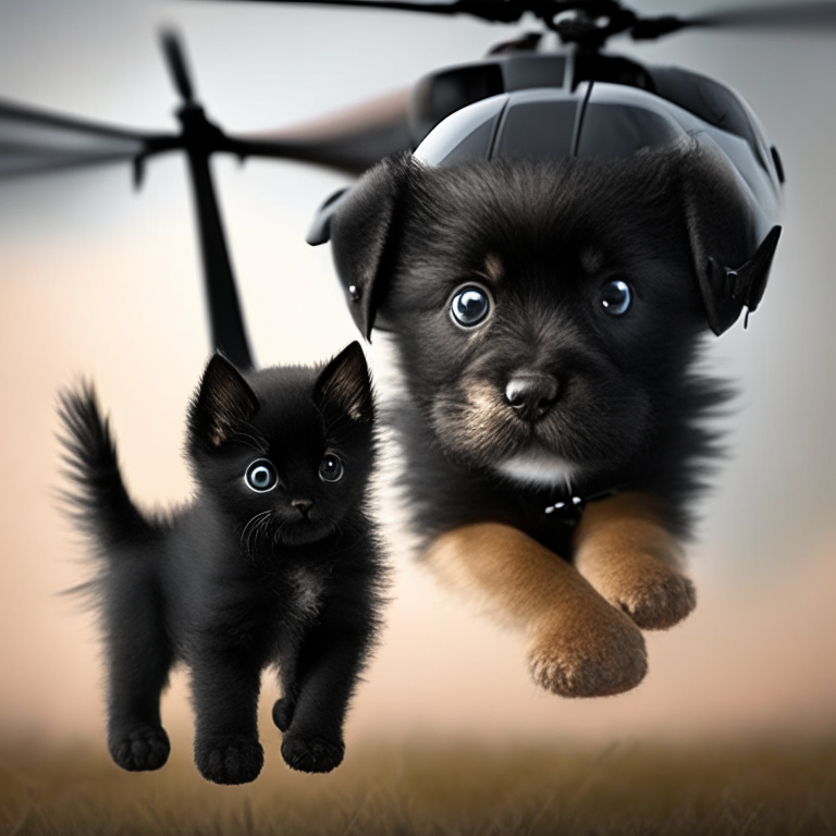 Helicopter puppy with a small black kitten