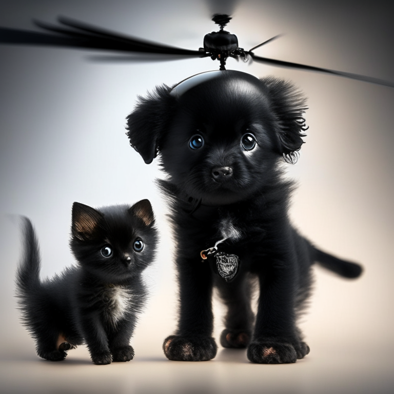 Helicopter puppy with a small black kitten