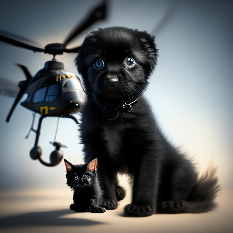 Helicopter puppy with a small black kitten