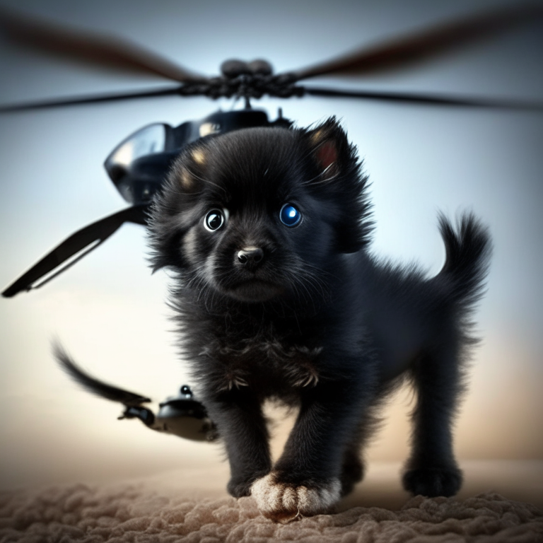 Helicopter puppy with a small black kitten