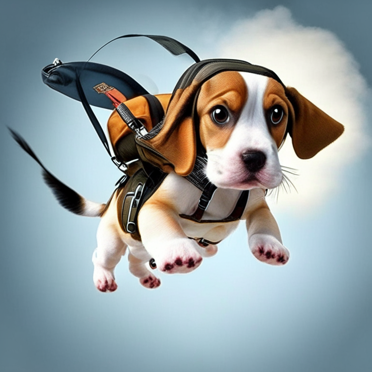 Helicopter backpack puppy beagle flying through the air