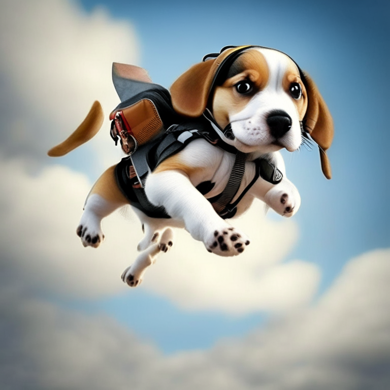 Helicopter backpack puppy beagle flying through the air