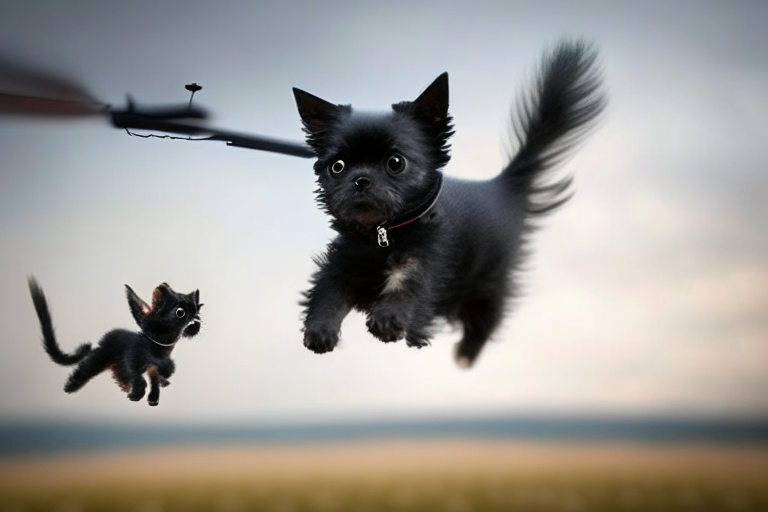 a small black kitten added to the photo of the small dog flying through the air with a helicopter