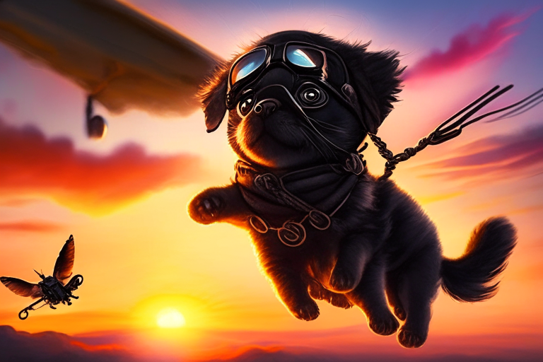 a helicopter puppy flying through the air with a small black kitten, both wearing aviator goggles and scarves, with a beautiful sunset in the background