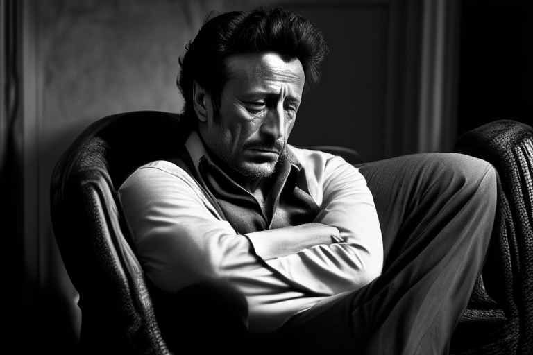 Imran Khan looking sick and tired, sitting in a chair, deep in thought, black and white photo, candid shot