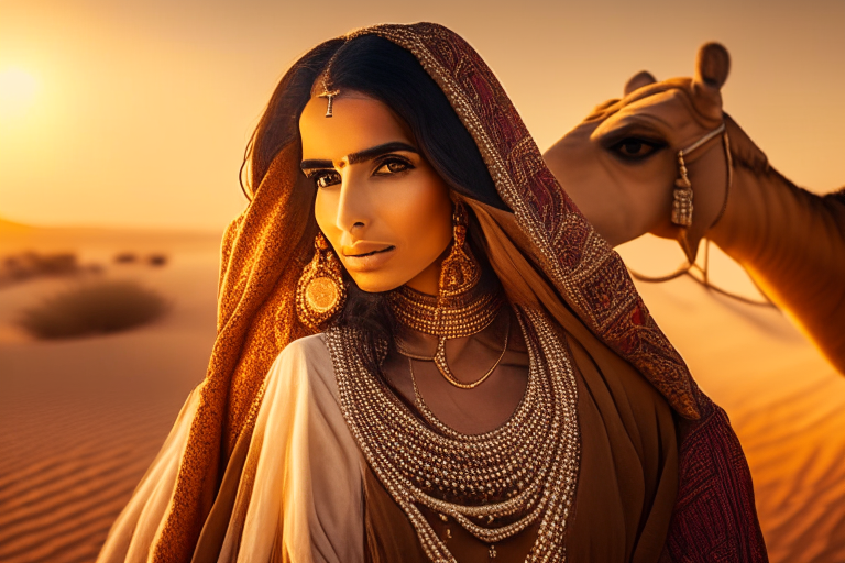 a beautiful Arab woman standing in the desert with her camel, wearing traditional jewelry and clothing, golden hour lighting