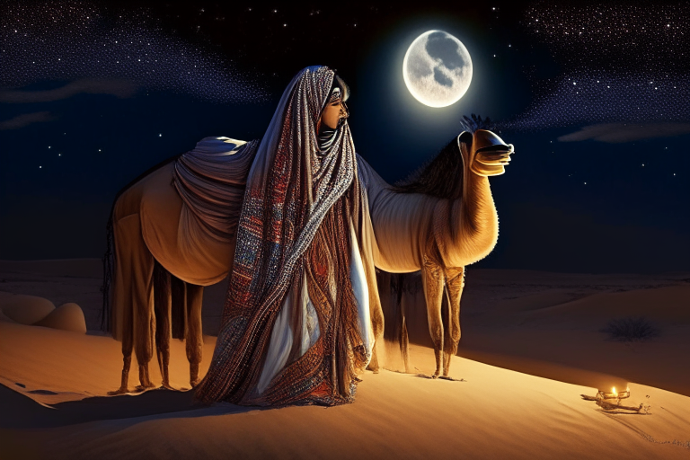 a voluptuous Arab girl standing in the desert at night with her camel, wearing traditional clothing, under the moonlight