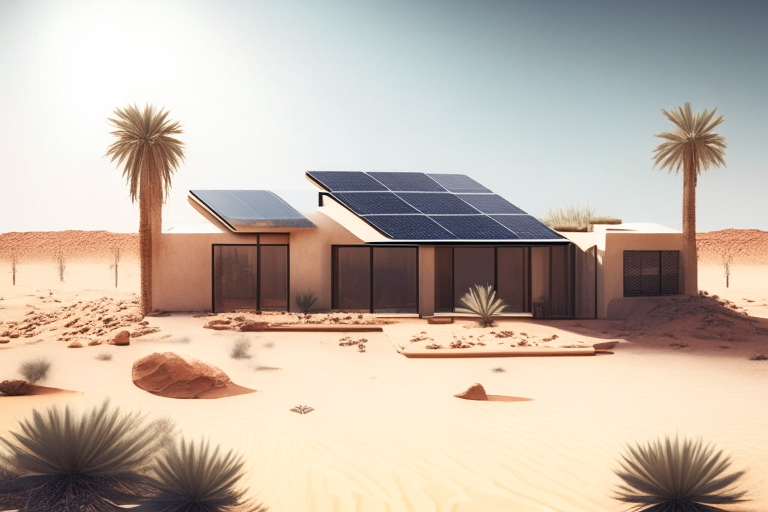 a modern house in the middle of the desert with a hundred solar panels on the roof, surrounded by sand and rocks