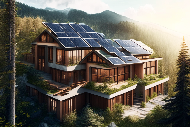 a three-story home with 10 solar panels on each level, nestled in the mountains, surrounded by trees and greenery